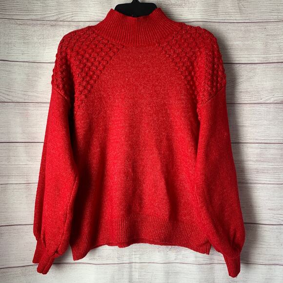 Nine West Red Mock Neck Knit Sweater Tuft Detail Shoulders Size Medium - Picture 1 of 16